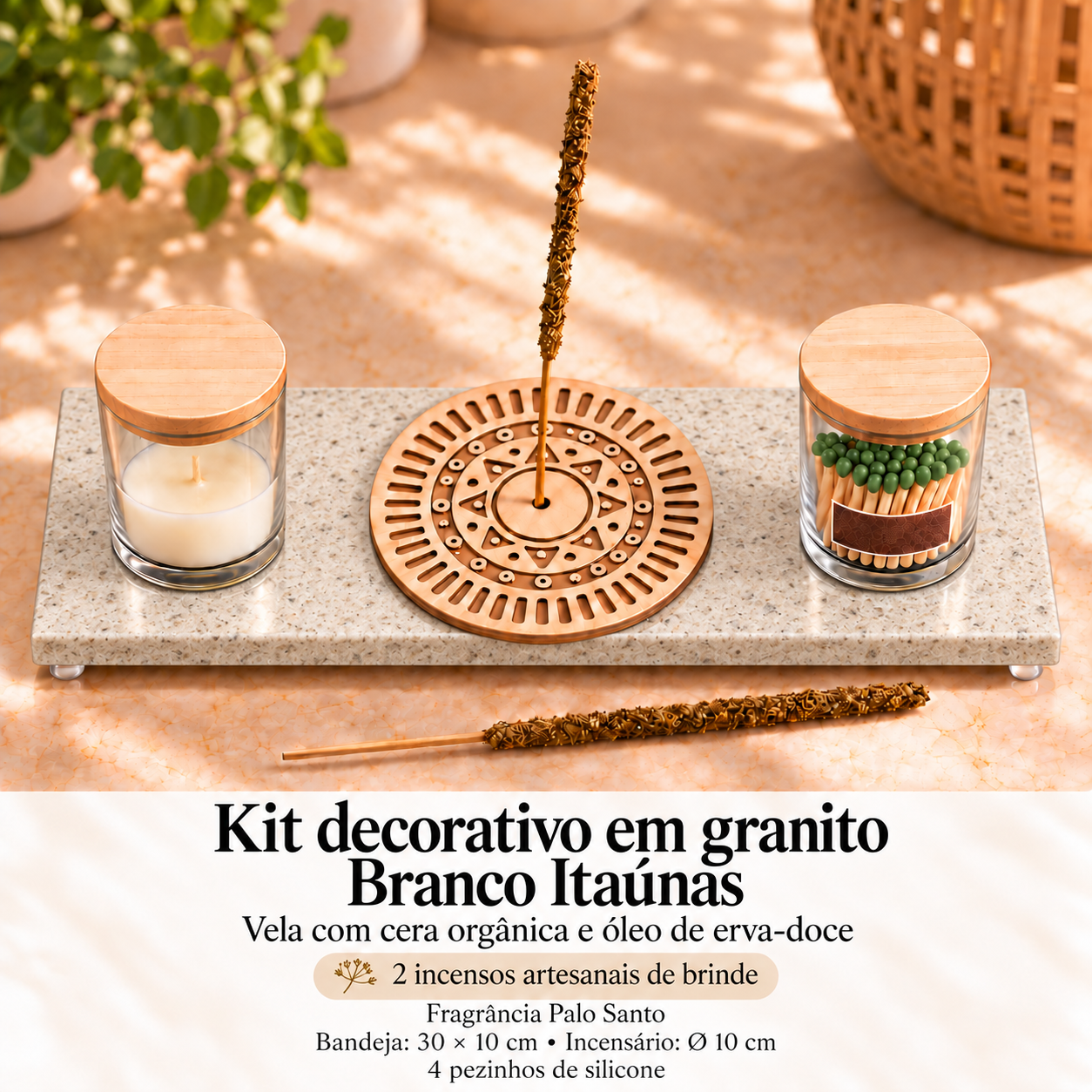 Kit Ritual em granito Branco Itaúnas com vela, fósforos, incensário plano de MDF e dois incensos artesanais