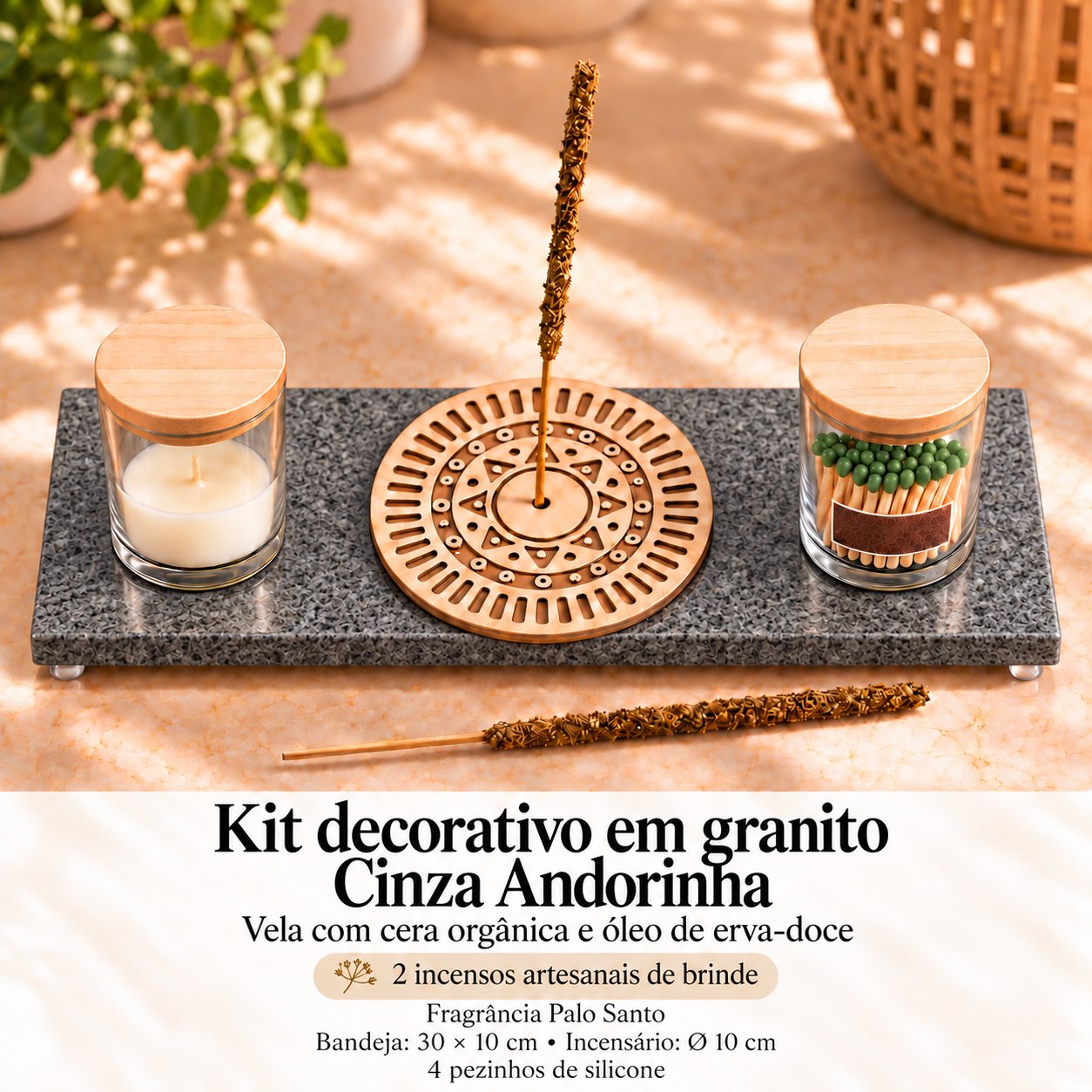 Kit Ritual em granito Cinza Andorinha com vela, fósforos e incensário plano