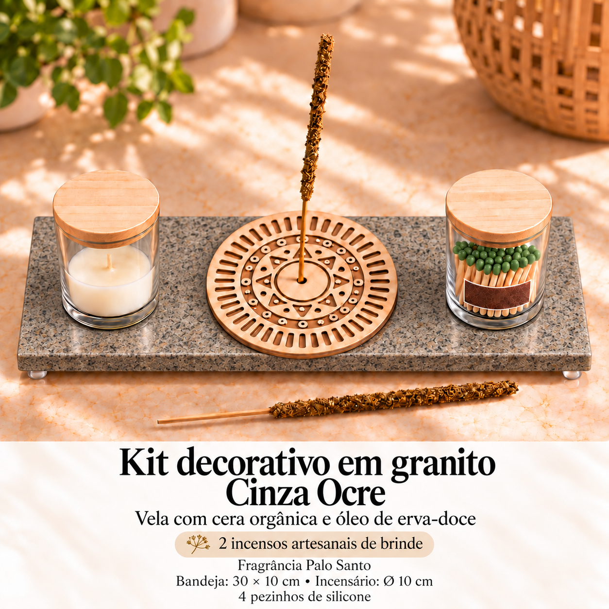 Kit Ritual em granito Cinza Ocre com vela, fósforos e incensário plano