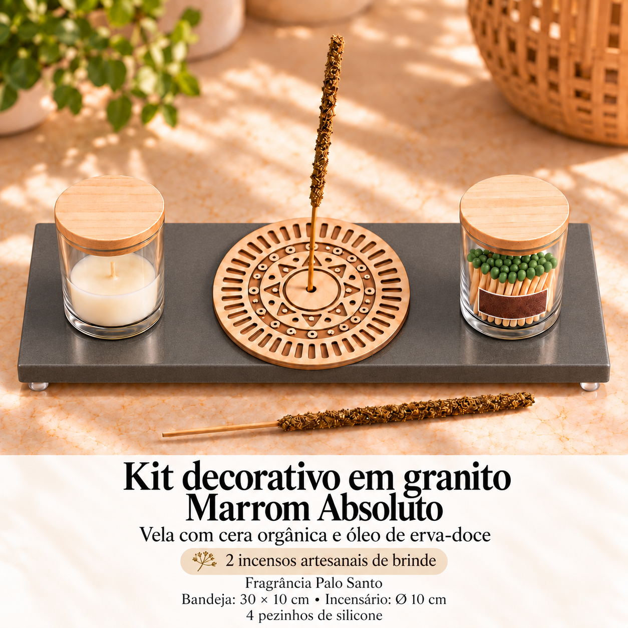 Kit Ritual em granito Marrom Absoluto com vela, fósforos e incensário plano