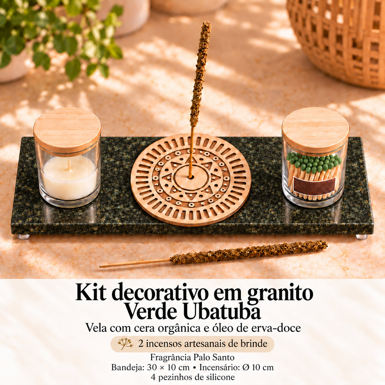 Kit Ritual em granito Verde Ubatuba com vela, fósforos e incensário plano