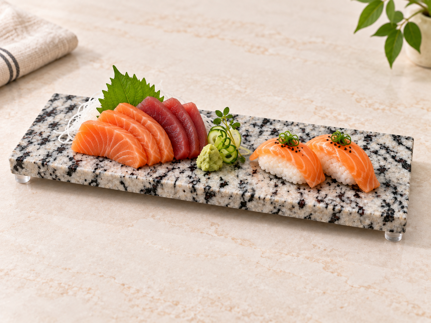 Petisqueira Essenza Solo em pedra natural com sushi e sashimi, apresentação ilustrativa