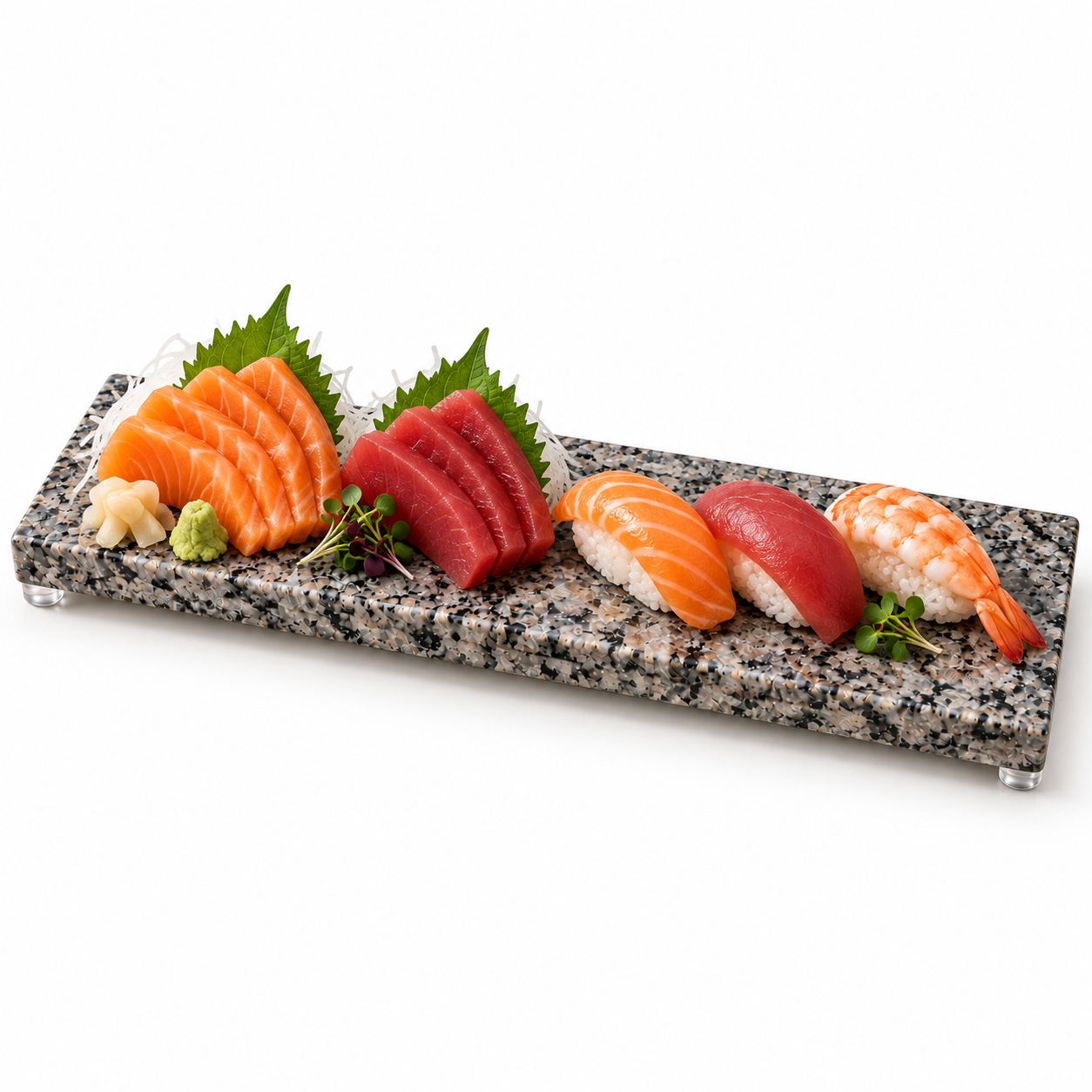 Petisqueira Essenza Solo em Cinza Ocre com sushi e sashimi ilustrativos