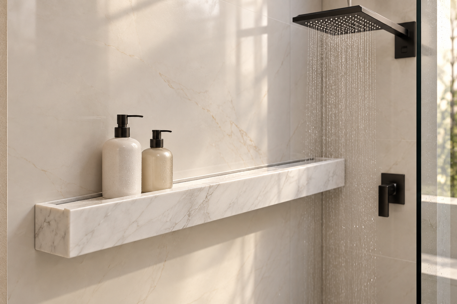 Prateleira linear de mármore branco instalada dentro do box, com saia frontal e canaleta para água